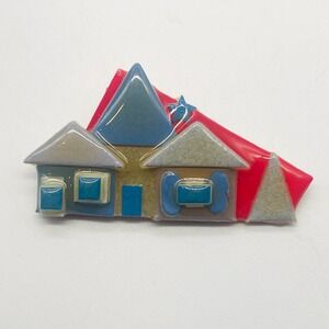 House Pins by Lucinda Cottage Village Brooch Resin Patriotic Red Blue Star 2.5"